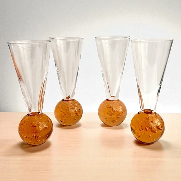 Vintage Set of 4 Hand Blown Cordial Glasses Bubbles Ball Bottom Amber Colour - Picture 1 of 5
